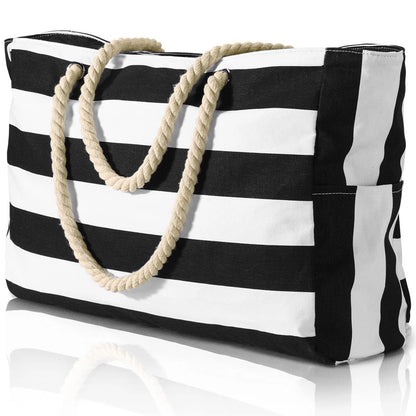 Waterproof Beach Bag Foldable Striped Zipper Outdoor Tote - Smarsty