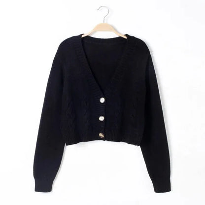 V Neck Cropped Cardigan Women Long Sleeve Twist Knitted Sweater Coats Autumn Winter Keep Warm Korean Fashion Jacket Cardigan - Smarsty