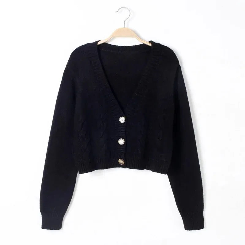 V Neck Cropped Cardigan Women Long Sleeve Twist Knitted Sweater Coats Autumn Winter Keep Warm Korean Fashion Jacket Cardigan - Smarsty