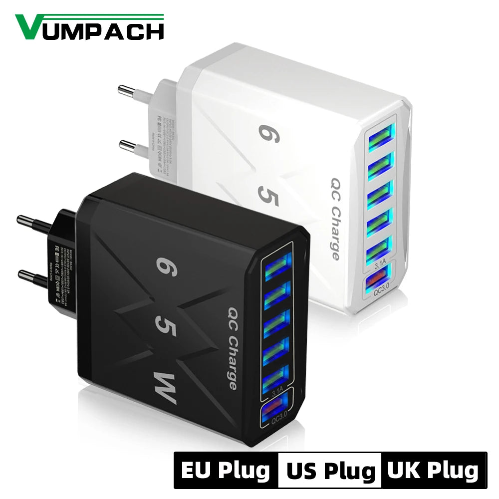 65W 6 Port USB Charger Fast USB QC3.0 Travel Adapter - Smarsty