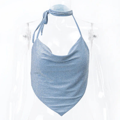 Halter Top Glitter Tanks 2025 Summer Outfits Blue Bright Silk Camis Ruched Top Crop Backless Vests Sexy Tops Cropped Clothes - Smarsty