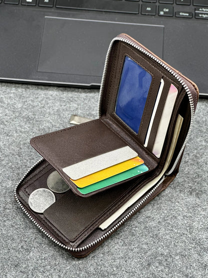 Zippered Slim Mens PU Wallet - Compact Size for Coins & Cards - Business Design - Smarsty