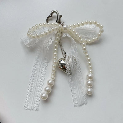2025 New Sweet Pearl Bow Keychain Heart Lace Pendant Car Keychain Korean Y2K Beauty Girl Bag Pendant Accessory Gift - Smarsty