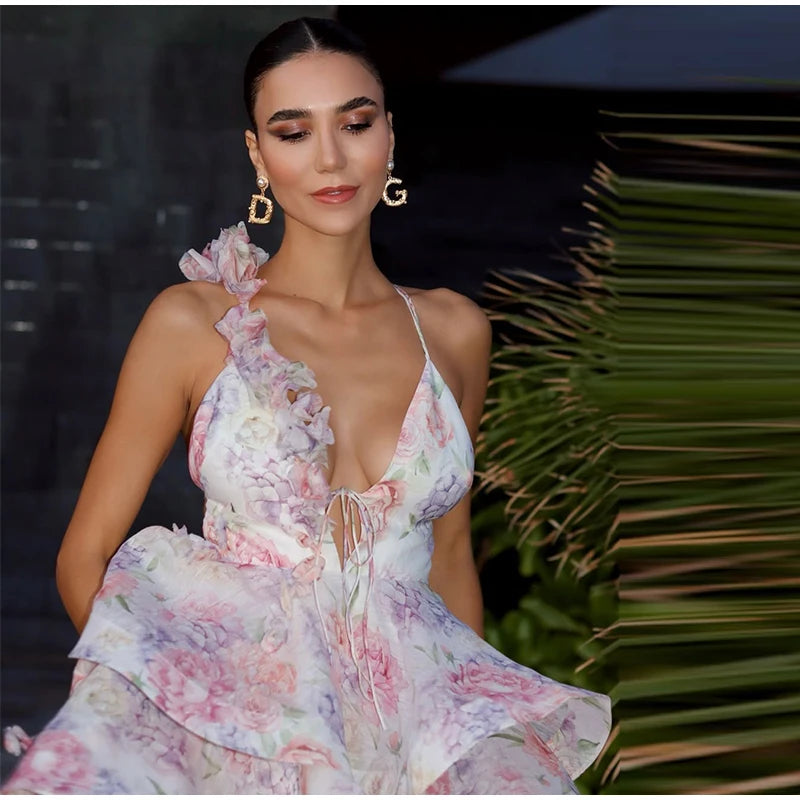 Backless Party Dress Women Elegant 3D Flower Print Sling Lace Up Ruffle A-line Mini Evening Dresses Female 2025 Summer Swimwears - Smarsty
