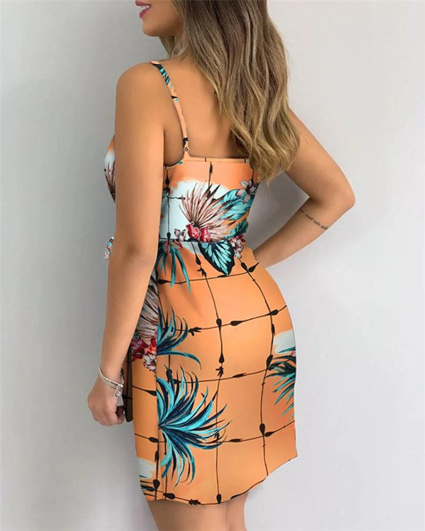 Women's Sexy V-Neck Spaghetti Strap Bodycon Dress, Slim Fit Party Dress with Waist Belt, Summer Cocktail Dress - Smarsty