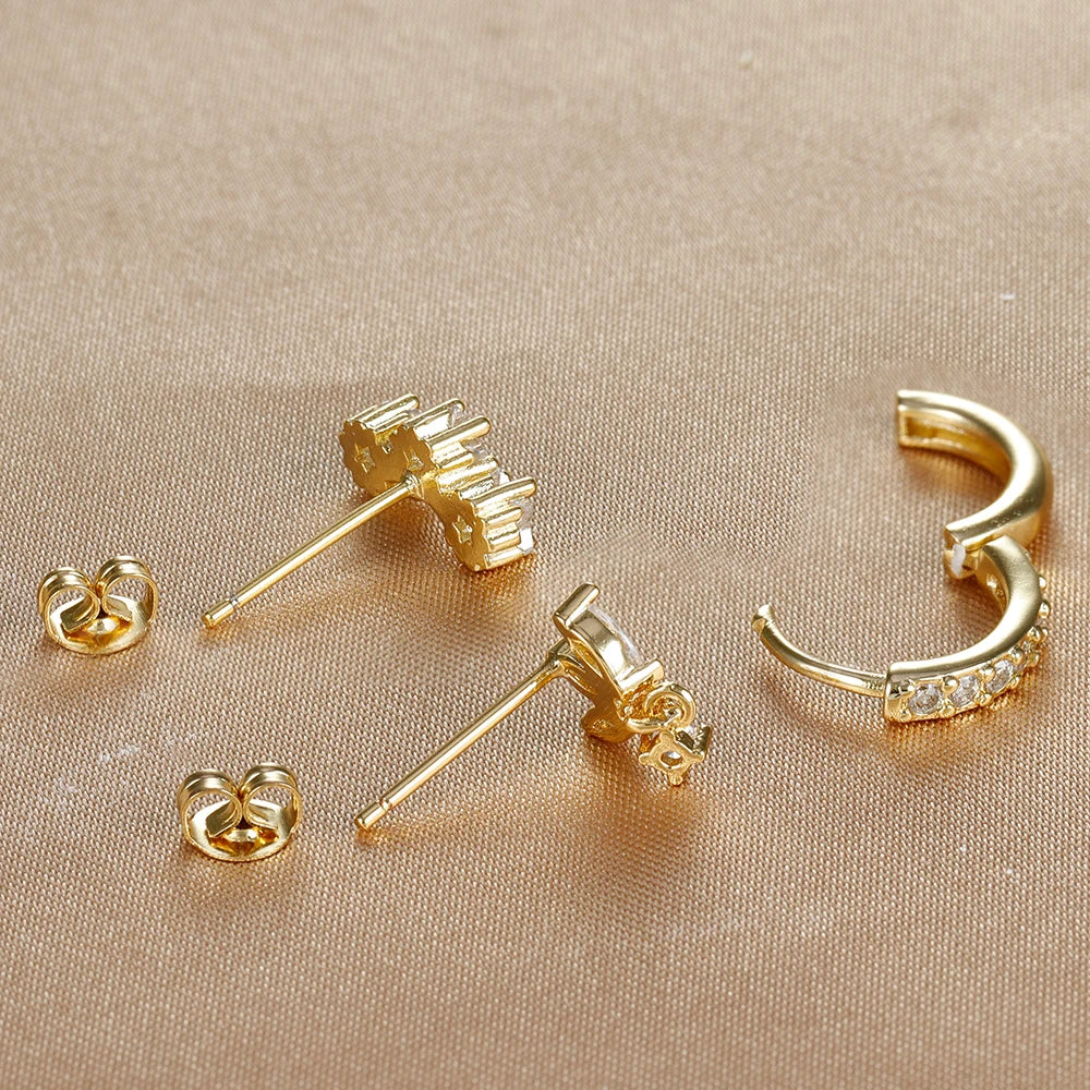 3Pc Stainless Steel Star Stud Earrings Sparkling Zircon - Smarsty