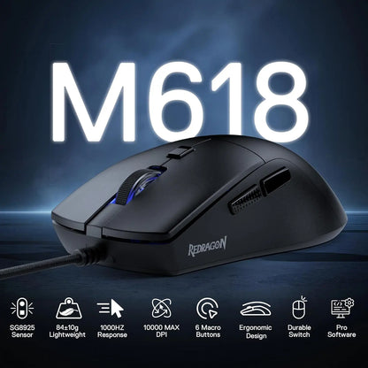 Redragon 618 Wired Gaming 10000 DPI Optical Ergonomic 6 Programmable Buttons, 84G Ultra Lightweight Mouse