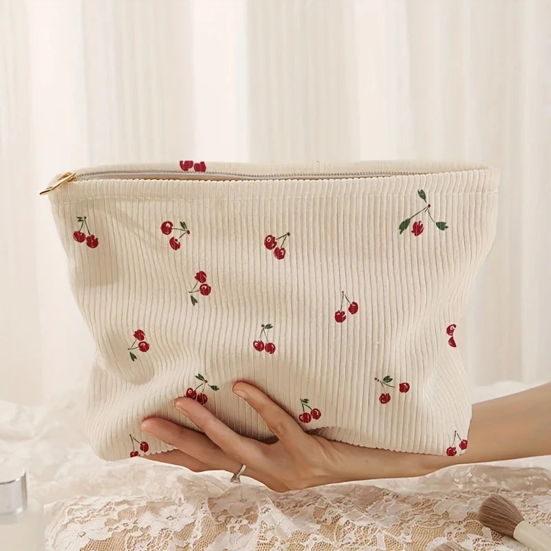 Cherry Print Corduroy Makeup Bag With Lightweight Zipper - Smarsty
