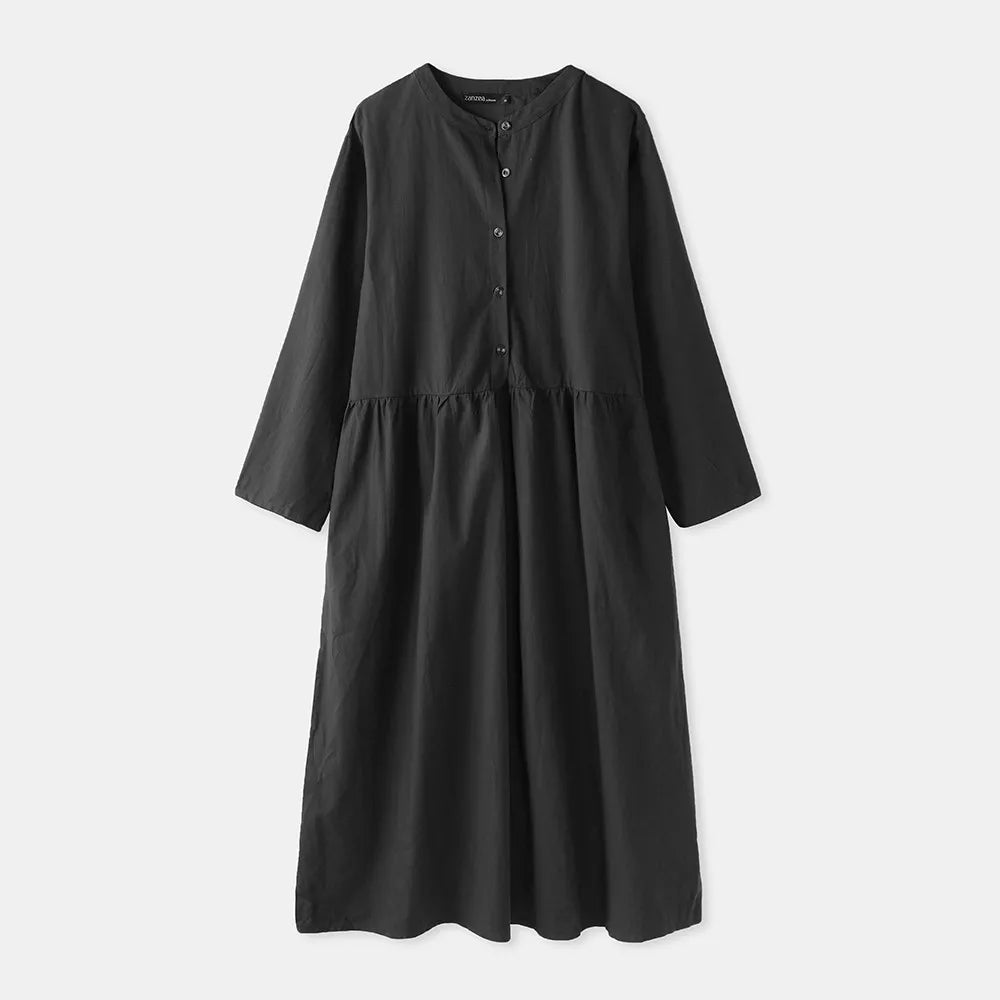 Women's Elegant Solid Cotton Robe Femme 2022 Spring Autumn Bohemian Maxi Dress ZANZEA Casual Long Sleeve Shirt Dresses Oversized - Smarsty