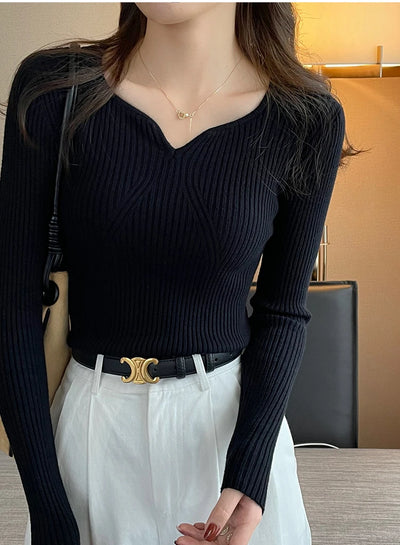 2025 Basic V-neck Chic  Autumn Winter Pullover Women Female Knitted Ribbed Sweater Slim Long Sleeve Badycon High Quality Sweater - Smarsty