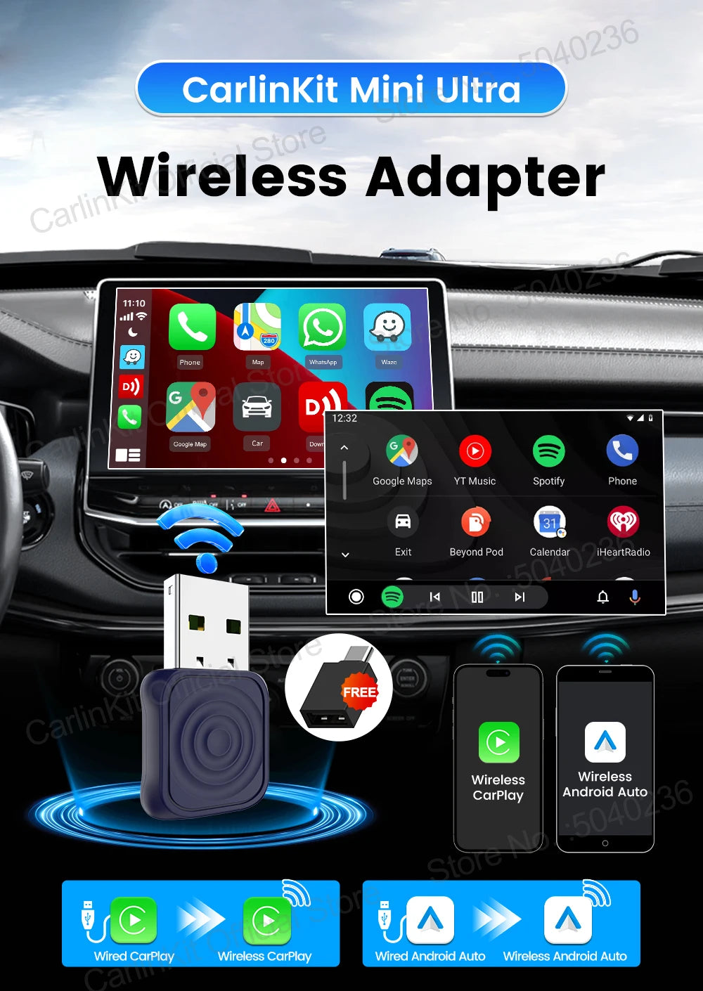 CarlinKit 5.0 Mini Ultra Wireless Adapter Wireless CarPlay Android Auto For OEM Car Plug and Play WiFi Bluetooth Auto Connection - Smarsty