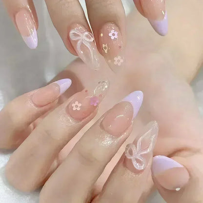 24Pcs Pink Almond False Nails with French Design - Smarsty