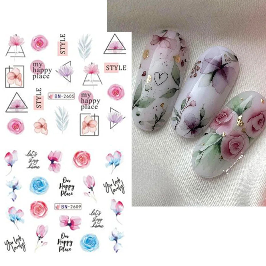 12 Pcs Summer Ink Flowers Nail Art Stickers - Smarsty