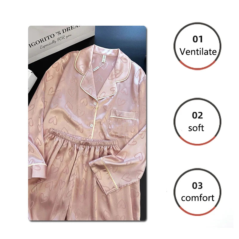 Ice Silk Pajamas Women's Long Sleeve Lace Premium Sense Two Piece Suit Sweet Homewear Love Blue Ladies Sleepwear Loungewear - Smarsty