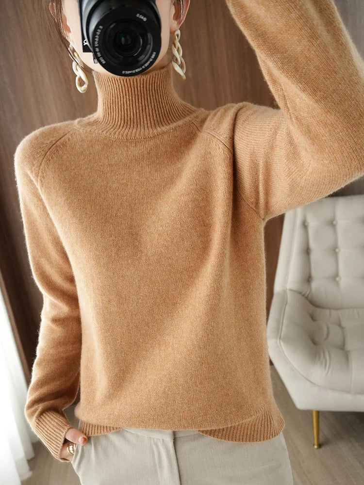 Fashion Basic Autumn Winter  Merino Wool Sweater Mock Neck Cashmere Pullover  Solid Color Soft Long Sleeve Clothing Tops - Smarsty