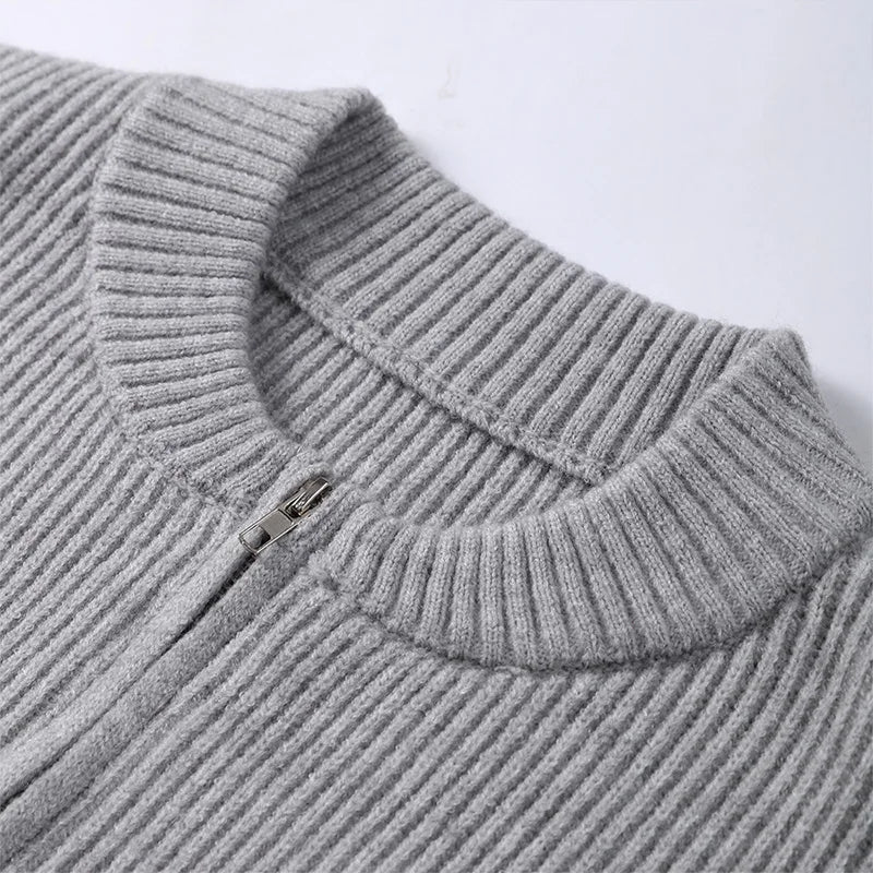 Vintage Knit Women Cardigan Casual Full Sleeve Zipper O Neck Pleated Solid Lady Sweater 2025 Autumn Fashion Female Knitwear - Smarsty