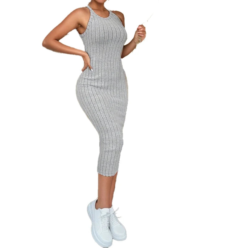 Solid Halter Neck Bodycon Midi Dress High-end temperament vest halter dress women's summer new high-waist slim temperament slim - Smarsty