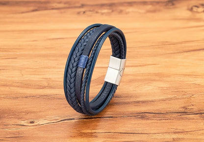 Mens Leather Bracelet Magnetic Buckle Multilayer Bangles - Smarsty