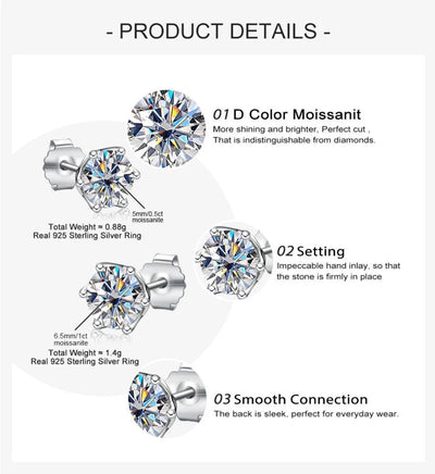 Moissanite Stud Earrings Sterling Silver VVS D Sparkle - Smarsty