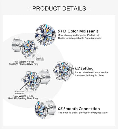 Moissanite Stud Earrings Sterling Silver VVS D Sparkle - Smarsty