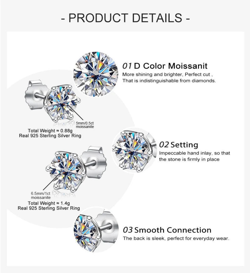 Moissanite Stud Earrings Sterling Silver VVS D Sparkle - Smarsty