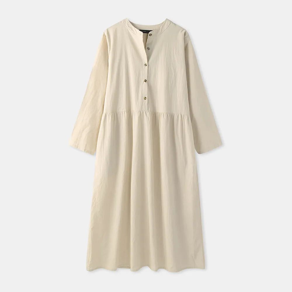 Women's Elegant Solid Cotton Robe Femme 2022 Spring Autumn Bohemian Maxi Dress ZANZEA Casual Long Sleeve Shirt Dresses Oversized - Smarsty