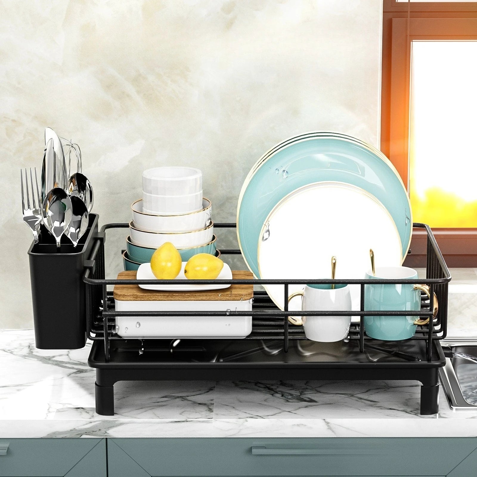 Single Layer Hollow Dish Rack Kitchen Countertop Rack with Drainage Tray Multifunctional Tableware Rack Rust Resistant Durable