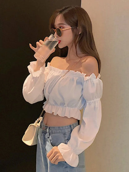 Women Top Sexy Blouse Off Shoulder Top Long Sleeve Solid Color White Shirt Puff Sleeve Ruffle Tunic Crop Top Summer Tube Top - Smarsty