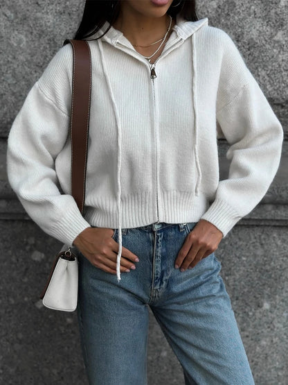 Autumn Knitted Women's Short Cardigan with Zipper Gray Winter Sweater Casual Cute Vintage White Cardigan for Women with Hood - Smarsty