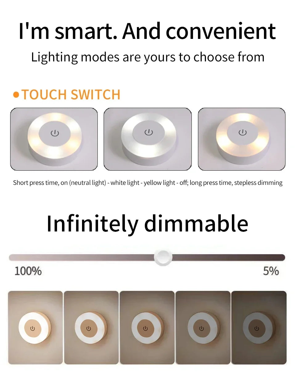 Rechargeable Round LED Wall Lamp with Dimmable Touch Switch - Smarsty