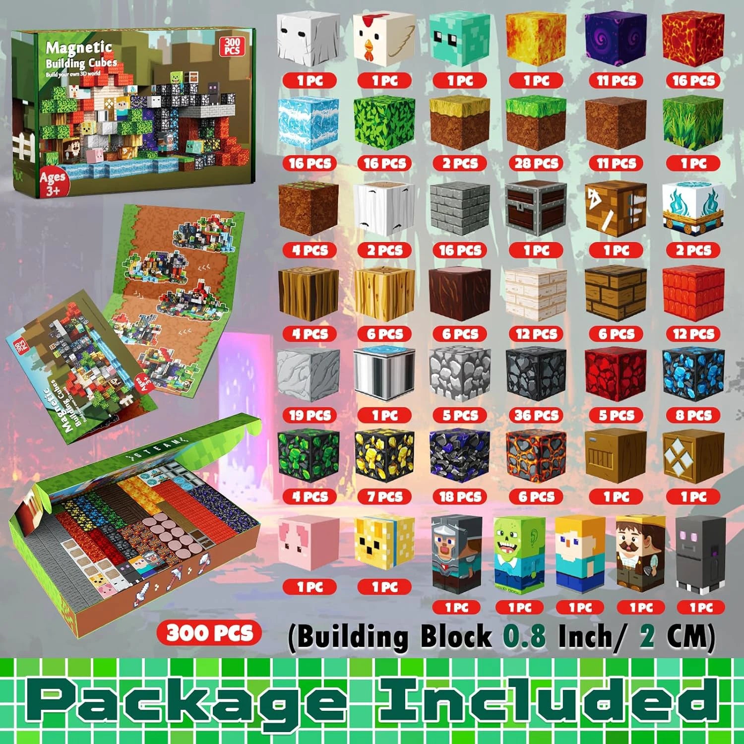 300pcs Warped Forest Magnetic Building Blocks Set, My World Figures Bricks, STEM Educational Toys for Kids, Gifts for Boys Girls