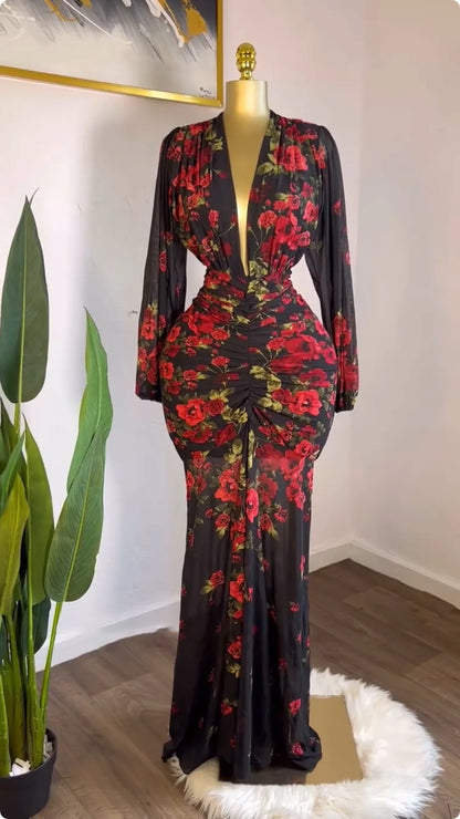 CM.YAYA Women Full Sleeve Floral Print V-neck Elegant Long Dress Ruched Holiday Birthday Evening Sexy Party Dresses Vestidos