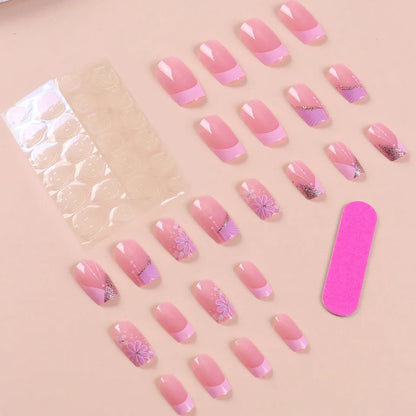 24 Pcs Short Square French Flower Nails Set - Smarsty