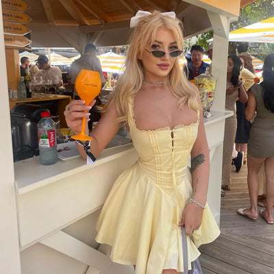 Mingmingxi 2024 Summer Lovely A Line Dress Yellow Sexy Party Dresses Hollow Out Lace Up Elegant Holiday Dress Women - Smarsty