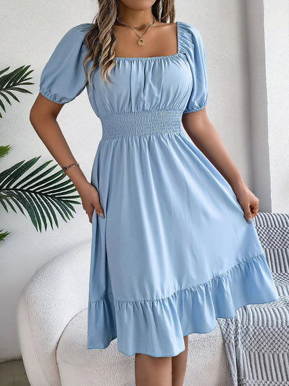 Women's MIidi Dresses 2024 Summer Casual Square Neck Short Sleeved Waist Ruffle Edge Dress Dress Women Elegant Платья Женские - Smarsty