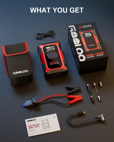 GOOLOO A3 Jump Starter with Air Compressor, 3000A Portable Car Battery Booster (9.0 Gas/6.5L Diesel) with 150PSI Auto-Shutoff Ti - Smarsty