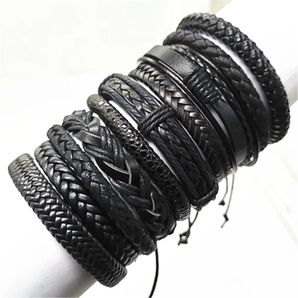 Handmade Black Leather Wrap Bracelets Set for Men and Women - Smarsty