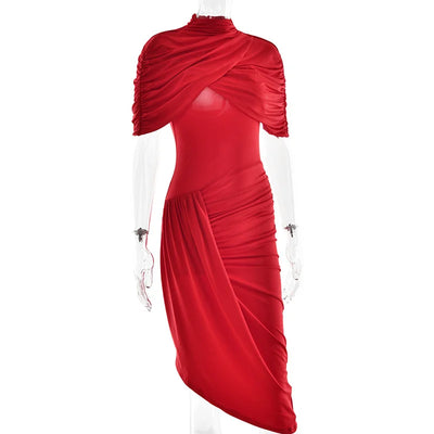Mozision Half Sleeve Backless Ruched Sexy Maxi Dress Women Summer New Turtleneck Slim High Waist Evening Club Party Long Dress - Smarsty