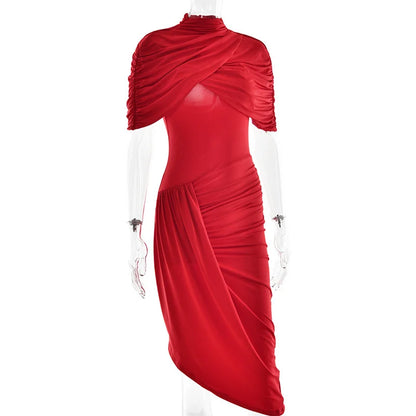 Mozision Half Sleeve Backless Ruched Sexy Maxi Dress Women Summer New Turtleneck Slim High Waist Evening Club Party Long Dress