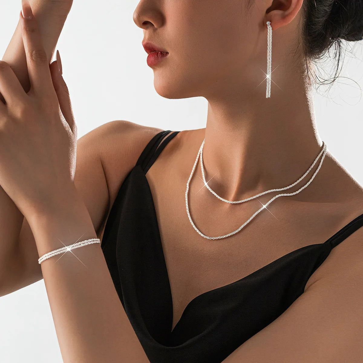 Shiny Silver Plated Necklace and Bracelet Jewelry Set - Smarsty