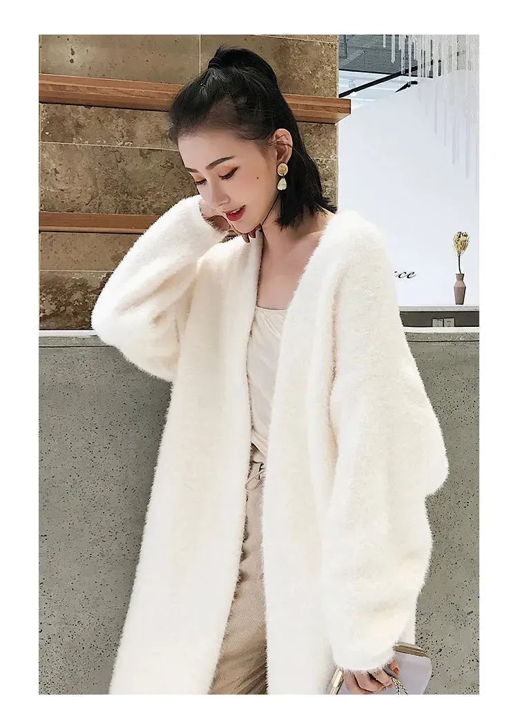 white Long Cardigan for women 2025 new winter clothes Knitted fluffy long sleeve Cashmere sweater coat korean style warm vintage - Smarsty