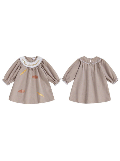 Thanksgiving Turkey Embroidered Plaid Dress with Peter Pan Collar and Long Sleeves for Girls - Festive Fall Outfit for Kids