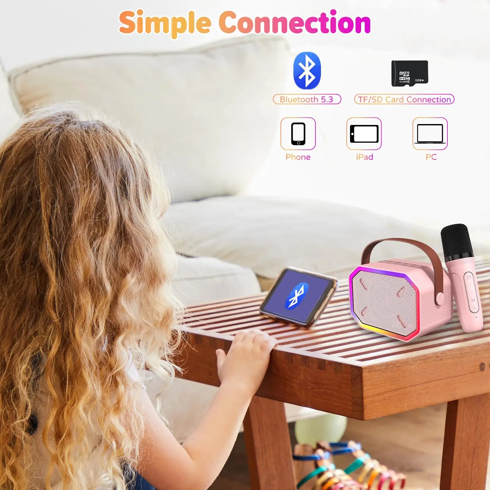 Mini Karaoke Machine for Kids Portable Karaoke Machine Bluetooth Wireless Microphones LDE Light Toys Gifts for Girls Boys - Smarsty