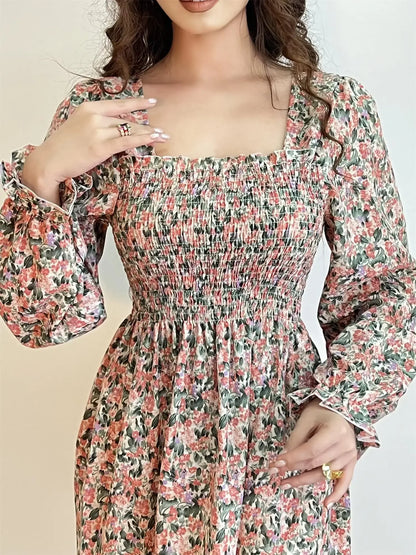 Long Sleeve Casual Dress Women Chiffon Dresses Autumn Spring A-line Printed Floral Elastic Chest Lace Up Midi Dresses Vestidos - Smarsty