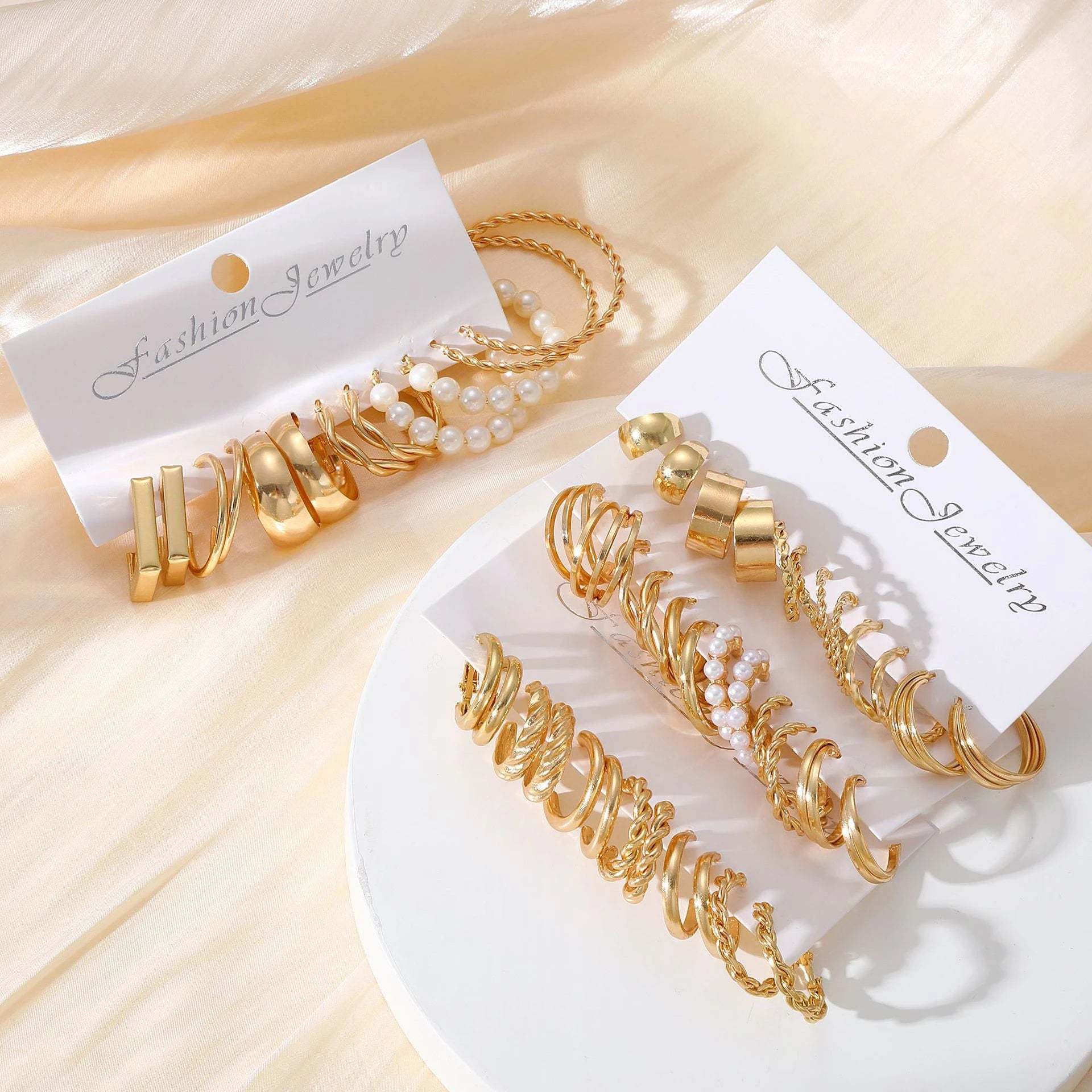Boho Gold Circle Hoop Earrings Set with Vintage Pearl Design - Smarsty