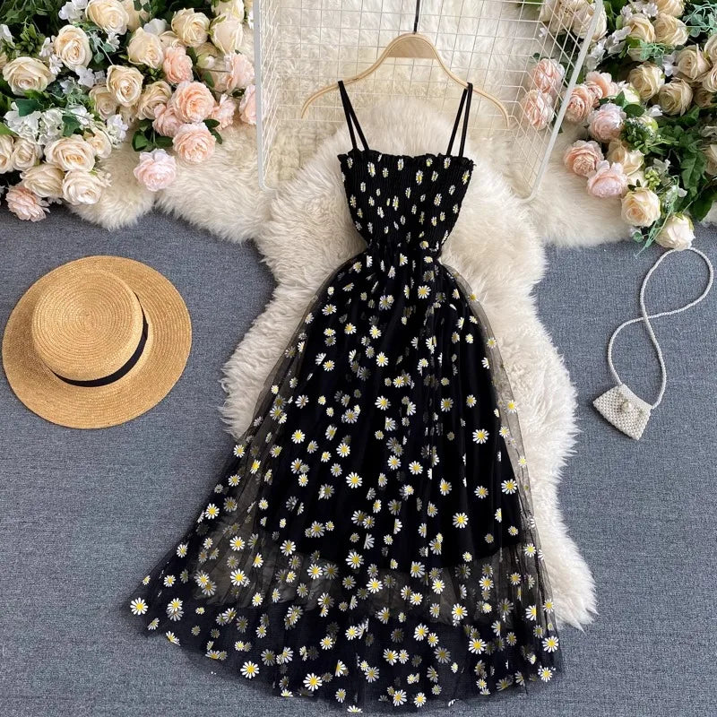 YuooMuoo Women Dress 2025 New Korean Fashion Floral Print Spaghetti Straps Mesh Party Dress Vacation Style Lady Beach Vestidos - Smarsty