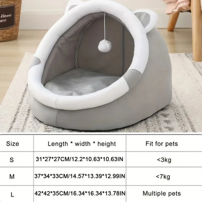 1 Comfortable Cartoon Cat House with Removable Pad, Modern Style Pet Bed Cave, Indoor Plush House Bed with Pompom