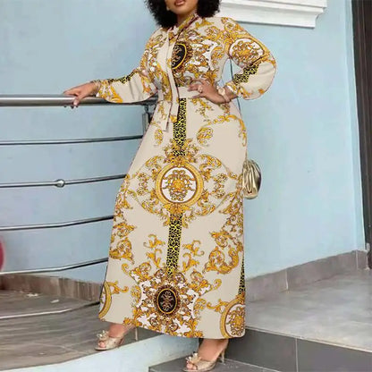 VONDA Maxi Dress 2024 Summer Women Bohemian Printed Party Sundress Long Sleeve Stand Collar Casual Robe Holiday Vestidos Belted - Smarsty
