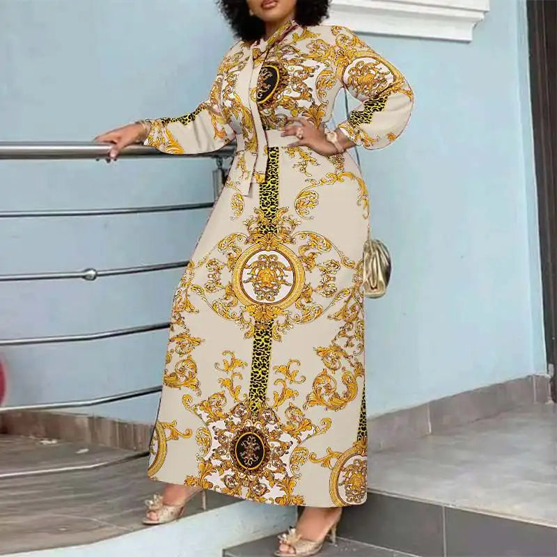 VONDA Maxi Dress 2024 Summer Women Bohemian Printed Party Sundress Long Sleeve Stand Collar Casual Robe Holiday Vestidos Belted - Smarsty