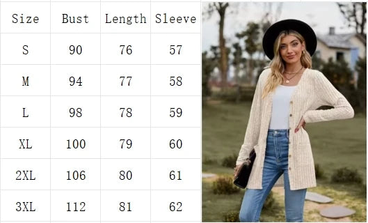 Autumn New Women's Milled Pit Stripe V-Neck Solid Colour Button Long Sleeve Ladies Casual Extensions Cardigan Jacket Coat - Smarsty